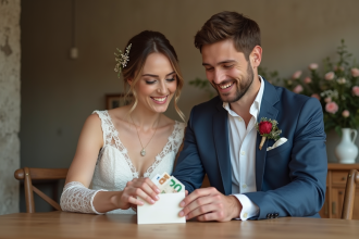 Jeune couple souriant lors d'un mariage avec enveloppe d'argent