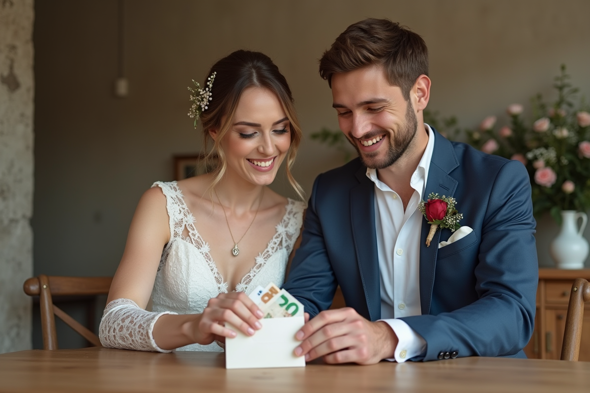 Jeune couple souriant lors d'un mariage avec enveloppe d'argent