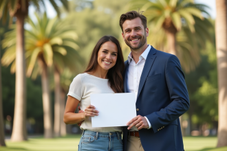 Jeune couple souriant avec certificat de mariage en plein air