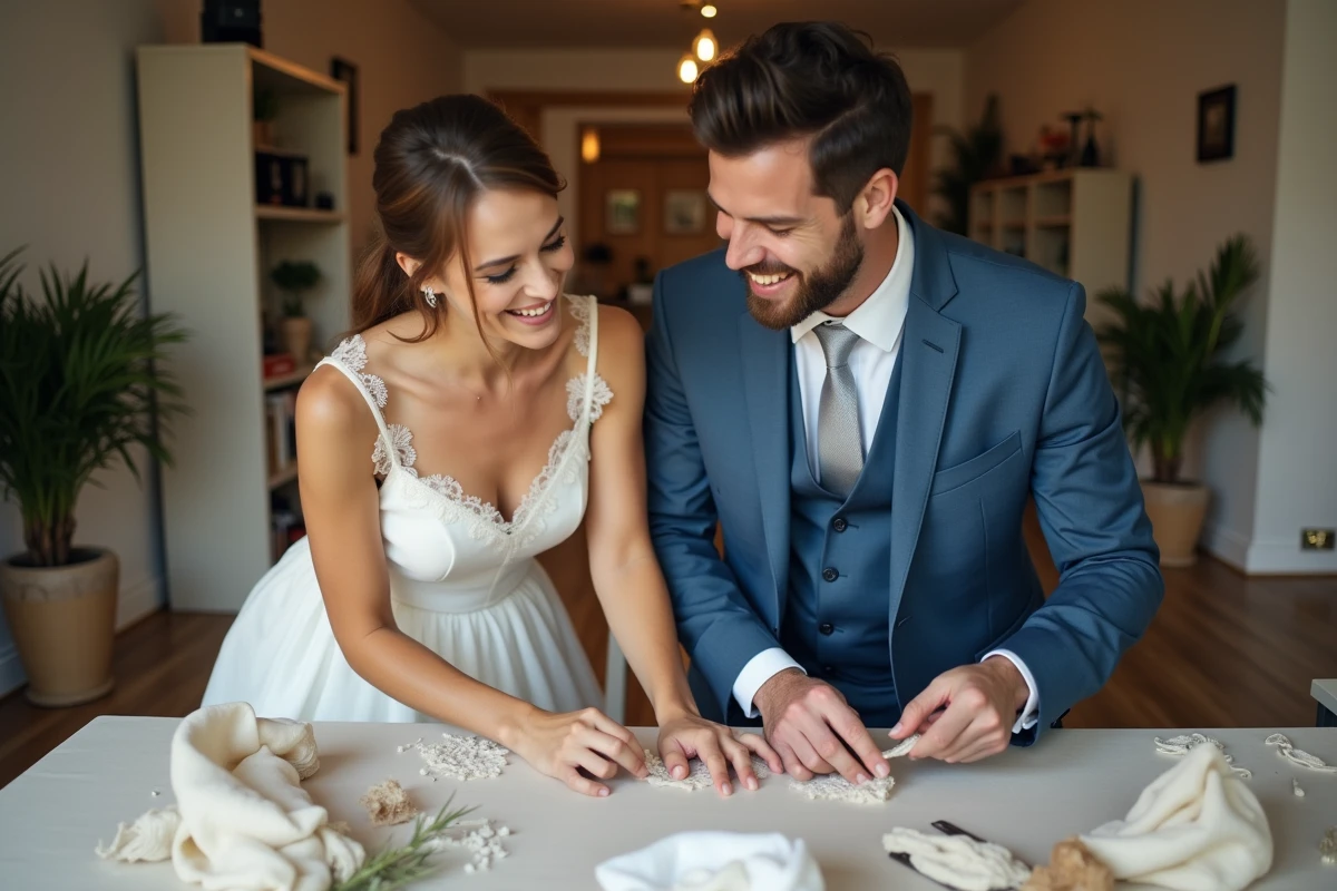 Jeune couple riant en préparant des décorations de mariage