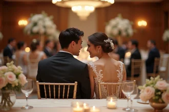 Jeune couple en tenue de mariage élégante lors d'une réception sophistiquée