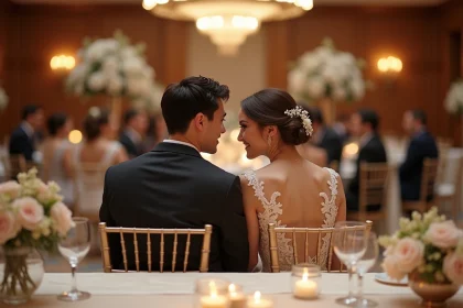 Jeune couple en tenue de mariage élégante lors d'une réception sophistiquée