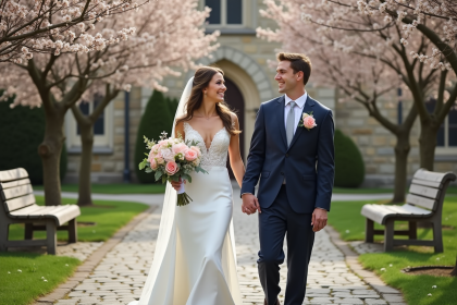 Jeune couple marié marchant dans un jardin fleuri