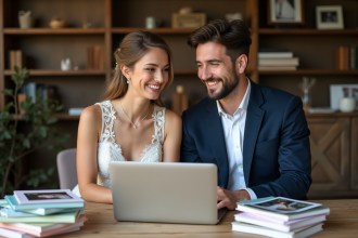 Jeune couple de mariés souriants avec ordinateur dans un bureau cosy