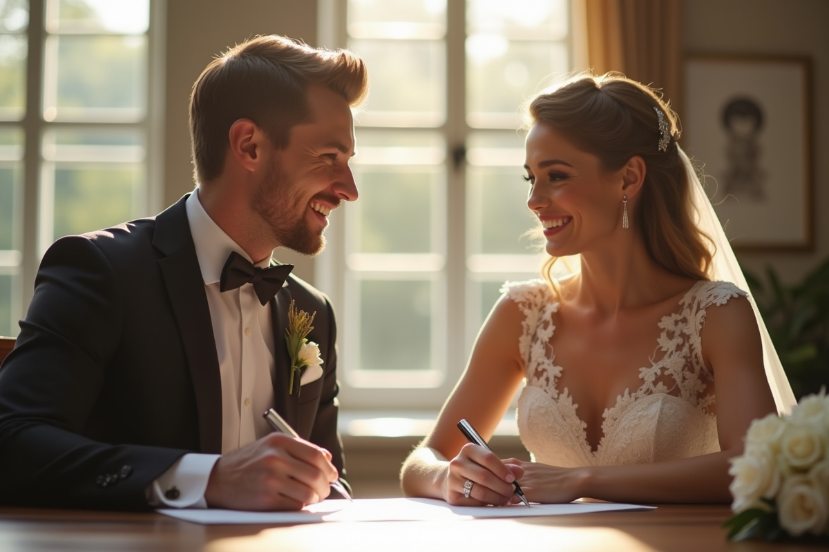 Jeune couple signant un contrat de mariage dans une mairie lumineuse