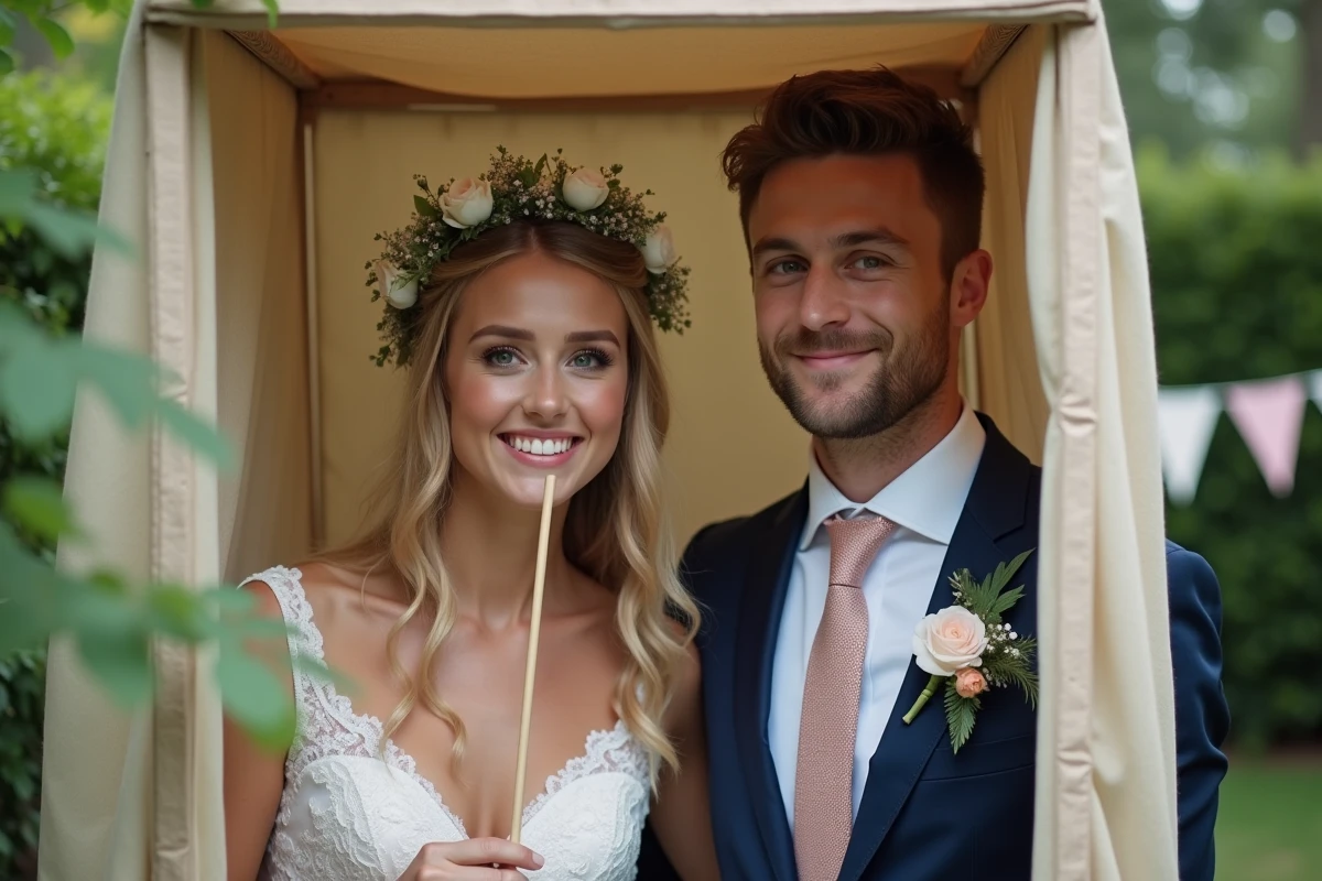 Jeune couple posant dans un photobooth DIY en extérieur lors d