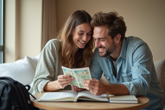 Jeune couple en voyage planifiant avec brochure et argent