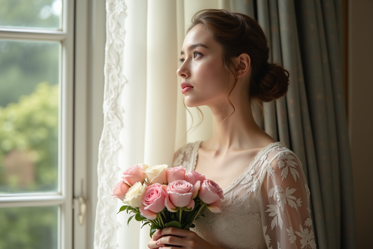 Jeune femme avec bouquet de fleurs près d'une fenêtre