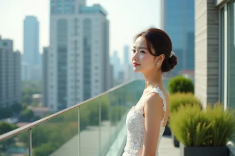 Jeune femme en robe de mariage blanche sur un toit urbain