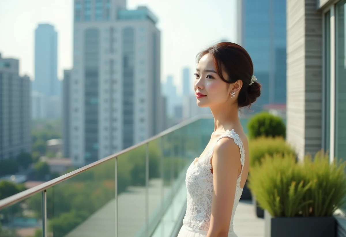 Jeune femme en robe de mariage blanche sur un toit urbain