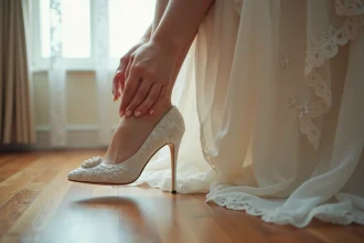 Jeune femme en robe de mari&eacute;e ajustant sa chaussure &eacute;l&eacute;gante