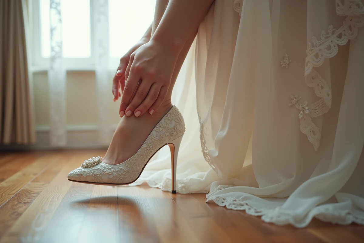 Jeune femme en robe de mariée ajustant sa chaussure élégante
