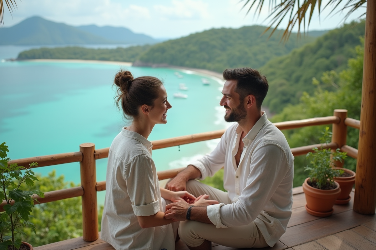 Jeune couple marié sur un balcon tropical au bord de l