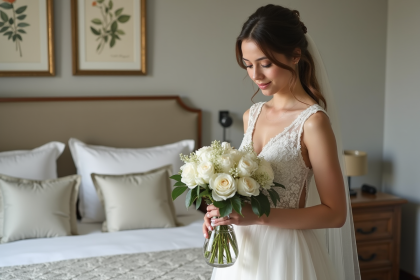 Jeune mariée en robe de dentelle arrangeant son bouquet de roses blanches