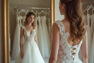 Jeune mariée dans une boutique élégante regarde son reflet