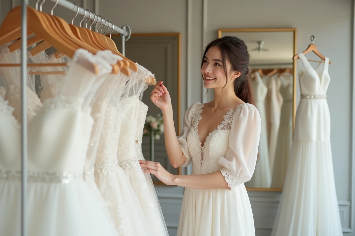 Jeune mariée en robe blanche dans une boutique élégante