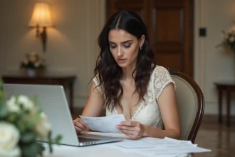 Jeune mariee stressée examinant une facture lors de la reception