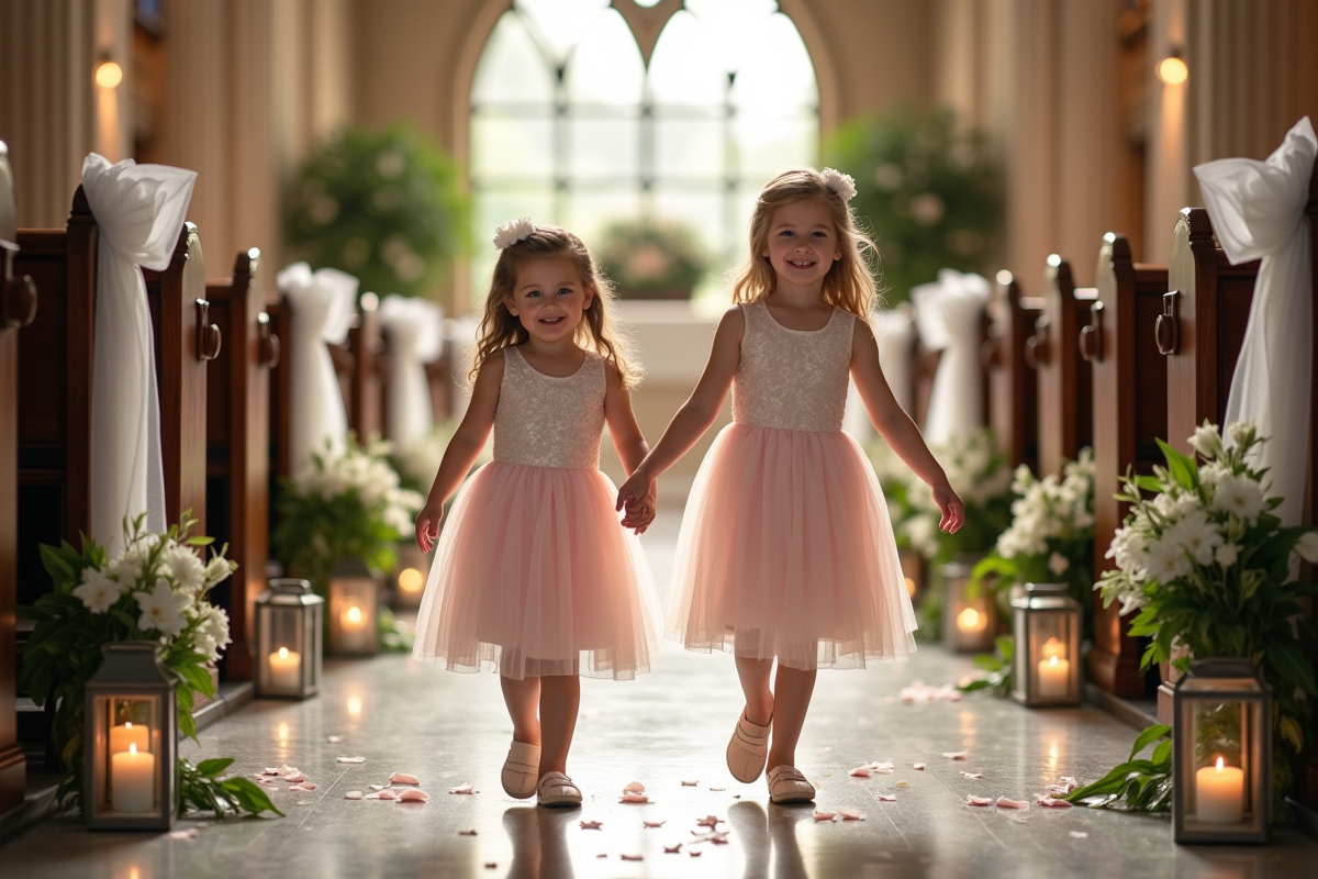 Jeunes filles en robes pastel dispersant des pétales dans une église