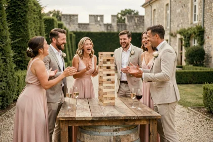 Groupe d'invités de mariage jouant au Jenga géant lors d'un vin d'honneur en plein air dans un jardin de château