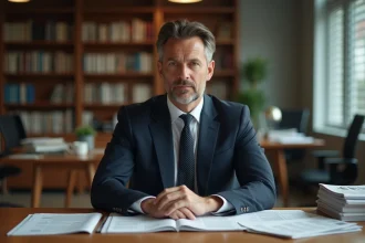 Portrait professionnel d'un homme en costume sombre dans un bureau éditorial entouré de livres et journaux