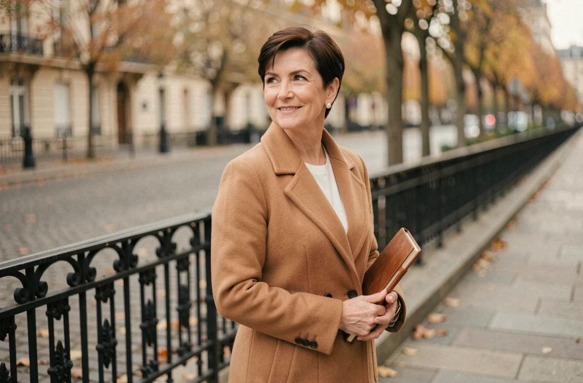 Femme journaliste élégante en manteau camel dans une rue parisienne en automne, carnet à la main