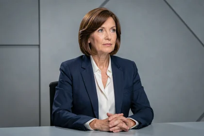 Journaliste française expérimentée assise dans un studio de télévision, regard pensif et attitude professionnelle
