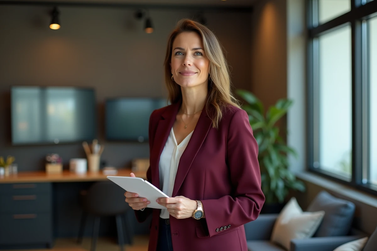 Femme journaliste dans un studio de télévision tenant un carnet avec une expression confiante et professionnelle