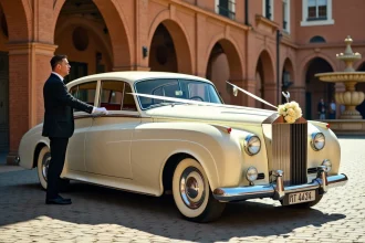 Rolls-Royce vintage crème garée sur les pavés de Toulouse pour un mariage, avec chauffeur en livrée et décoration florale en ivoire