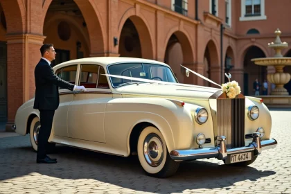 Rolls-Royce vintage crème garée sur les pavés de Toulouse pour un mariage, avec chauffeur en livrée et décoration florale en ivoire