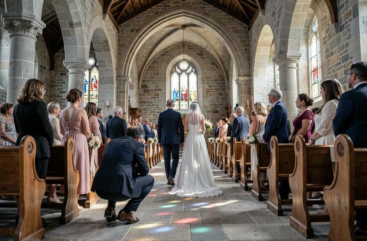 Photographe en reportage discret lors d'une cérémonie de mariage dans une chapelle en Essonne, style LS Photographie référencé sur mariages.net