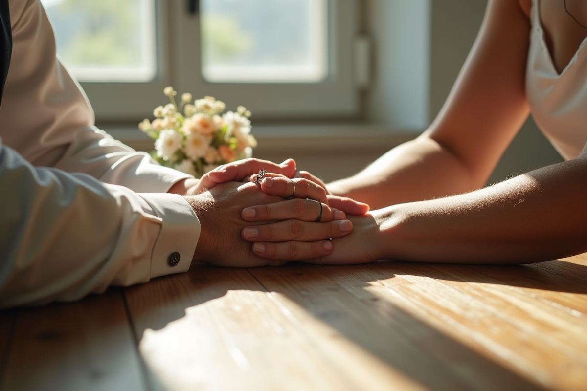 Mains entrelacees avec bagues de mariage sur une table en bois