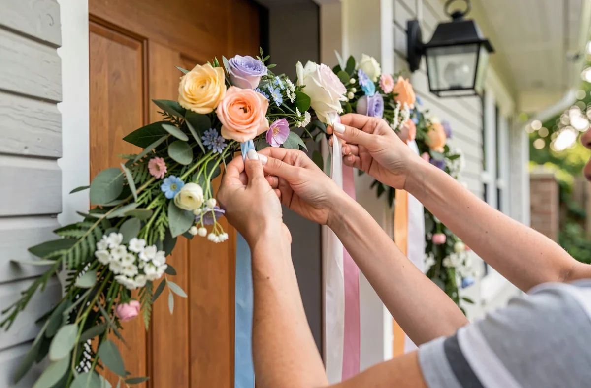 Mains qui fixent fleurs et rubans sur une guirlande au-dessus d'une entrée
