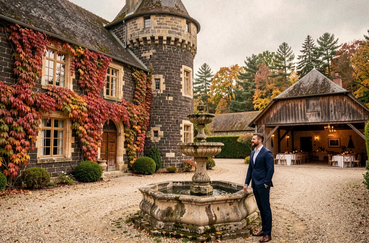 Manoir de Longeveau en Périgord Noir avec tour médiévale, vigne vierge automnale et marié près d'une fontaine en pierre dans la cour intérieure