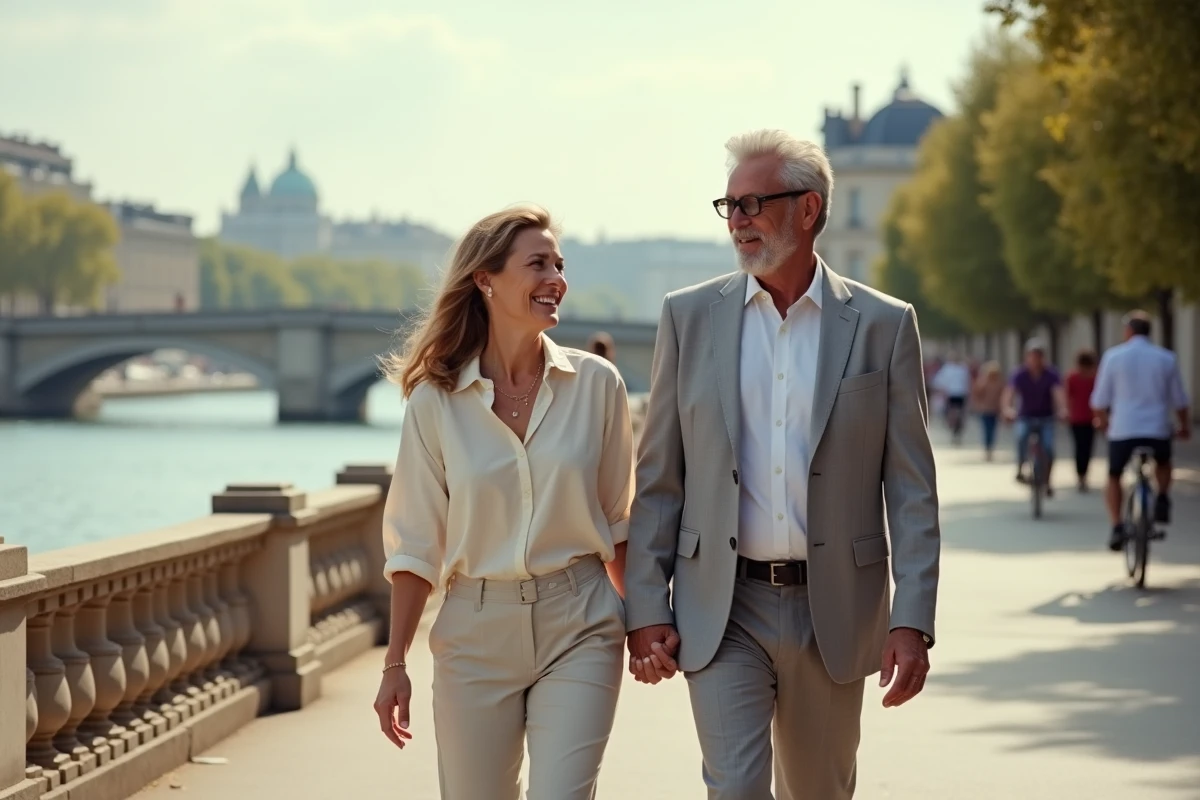 Couple élégant marchant main dans la main sur une promenade en bord de Seine, évoquant la vie sentimentale et le mariage de Marc Toesca