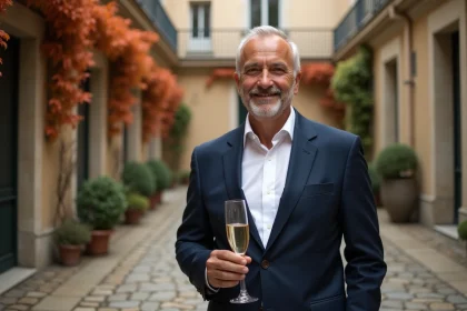Homme élégant en blazer marine tenant une coupe de champagne dans une cour parisienne en automne, illustrant la vie amoureuse et le mariage de Marc Toesca