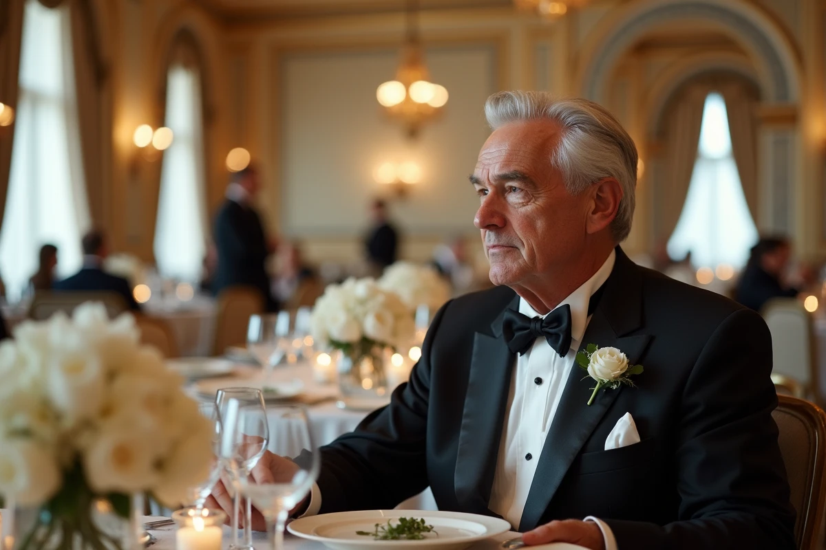 Homme en smoking noir assis pensif à une table de réception luxueuse dans un grand salon haussmannien, illustrant les étapes du mariage et de la vie amoureuse de Marc Toesca