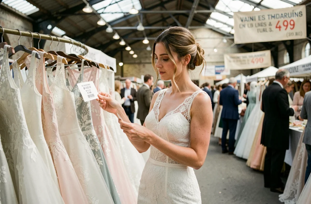 Femme feuilletant des robes de mariées d'occasion dans un marché bridal parisien