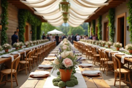 Salle de mariage champêtre en intérieur décorée de longues tables en bois, guirlandes de lierre et bouquets de fleurs séchées imitant un jardin en plein air