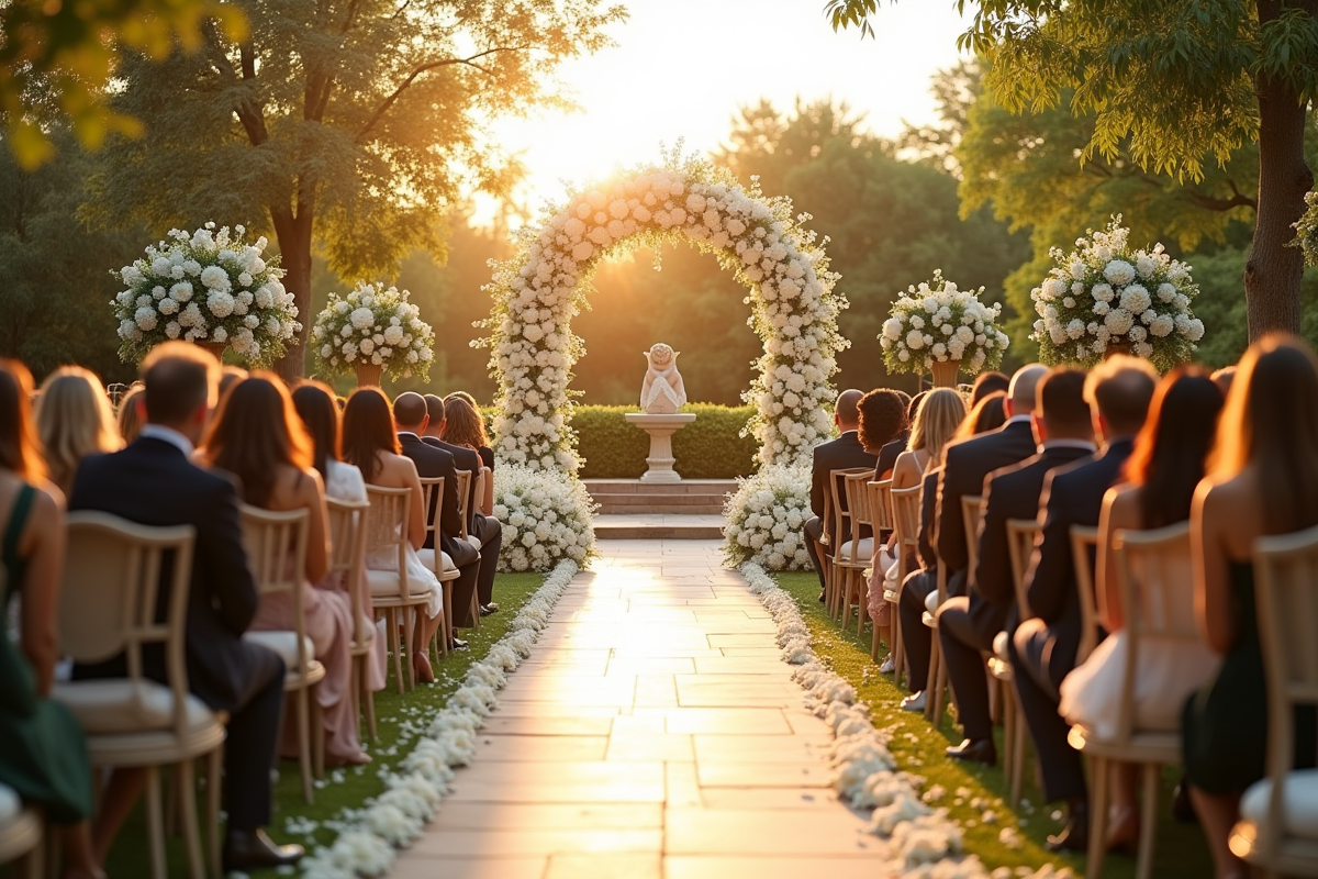 Cérémonie de mariage en extérieur élégante à l'heure dorée avec arche florale blanche