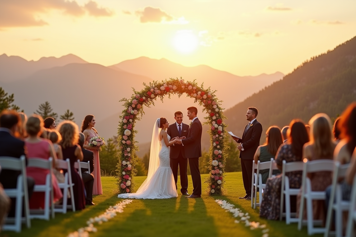Cérémonie de mariage en plein air au coucher du soleil avec un couple sous une arche florale