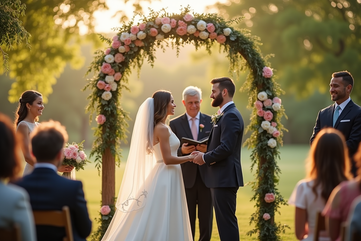 Cérémonie de mariage en extérieur avec arche florale et invités souriants