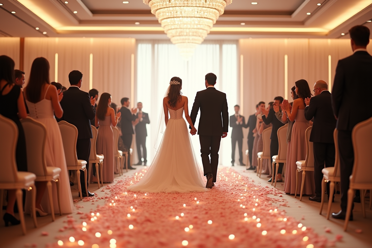 Jeune couple marchant dans la salle de réception moderne et lumineuse