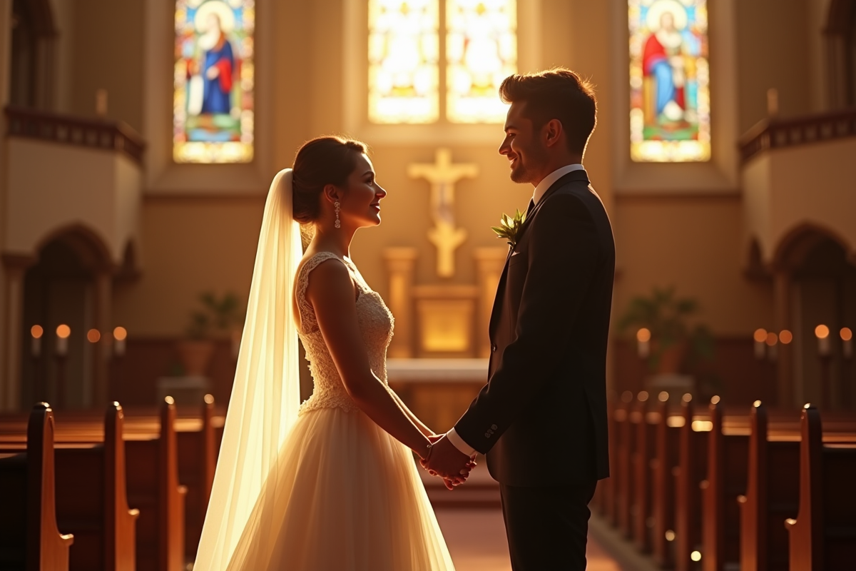 Mariage en église avec couple main dans la main en lumière naturelle
