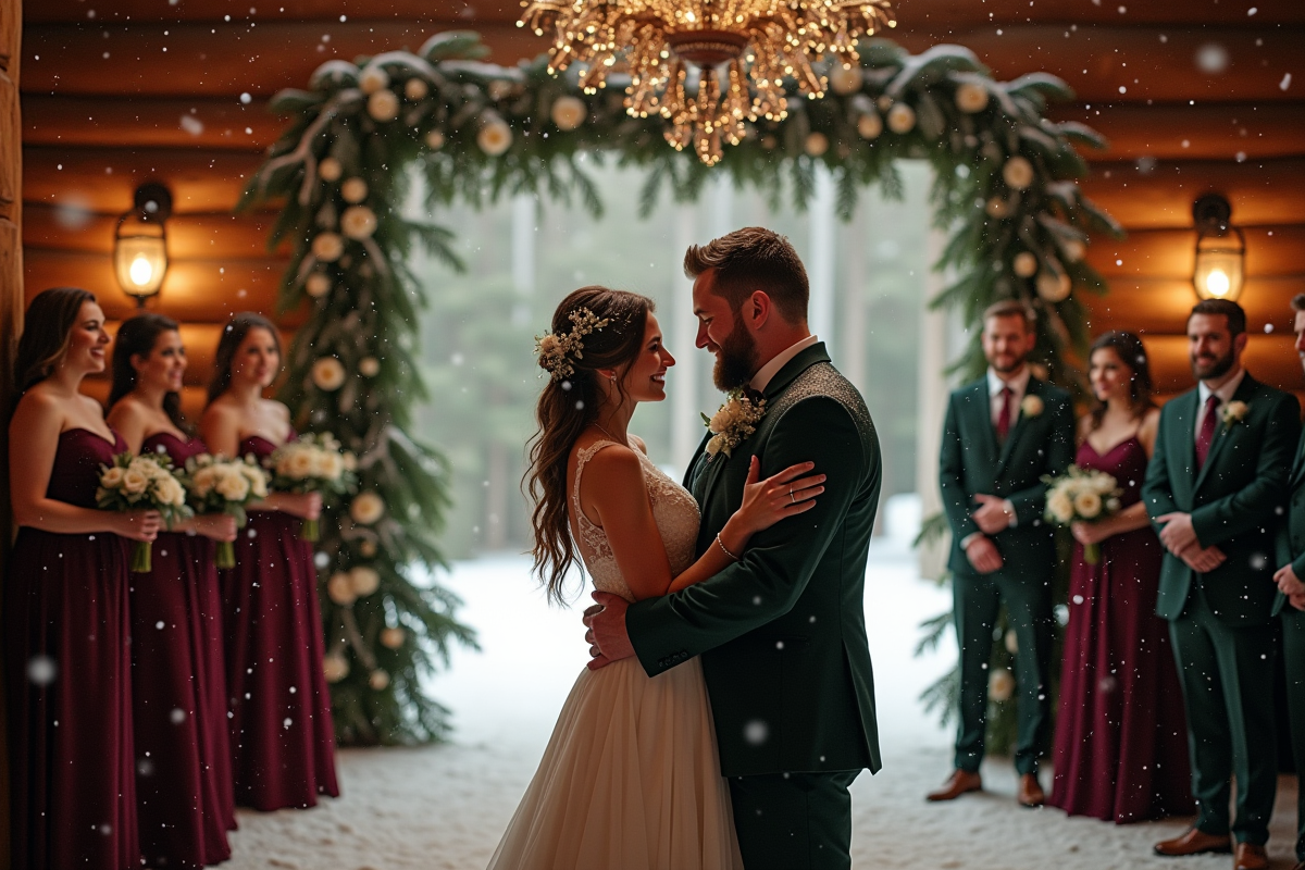 Jeune couple d amoureux sous la neige dans une salle rustique