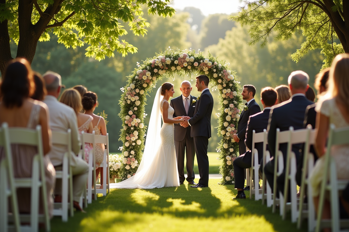 Cérémonie de mariage en plein air dans un jardin verdoyant