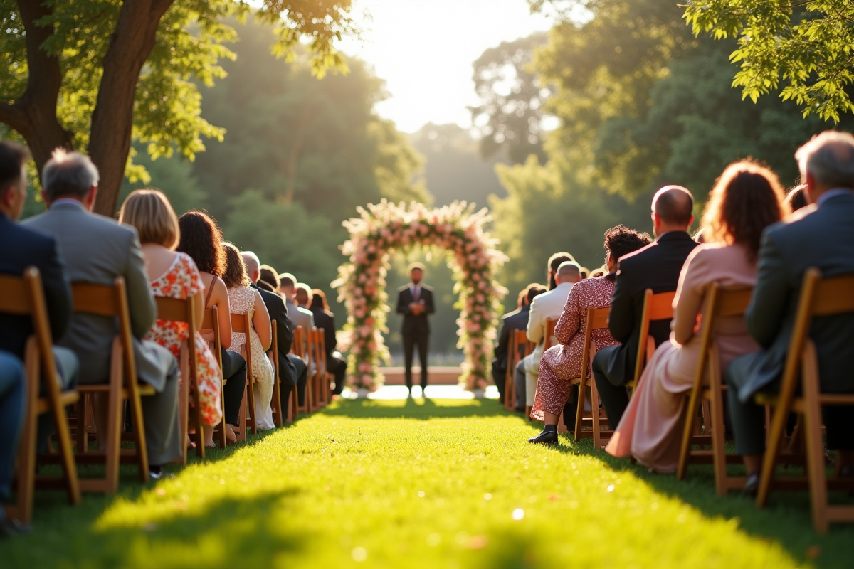 Cérémonie de mariage en plein air dans un jardin ensoleille avec invités