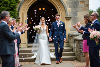 Jeune couple de mariés souriants devant l’église