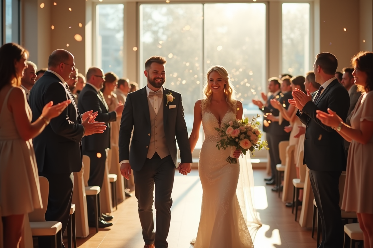 Jeune couple de mariés heureux marchant main dans la main dans l'allée