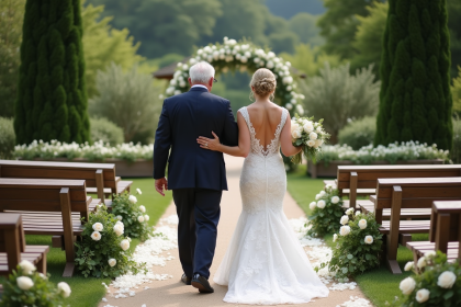 Mariage en plein air avec une mariée et son père marchant main dans la main