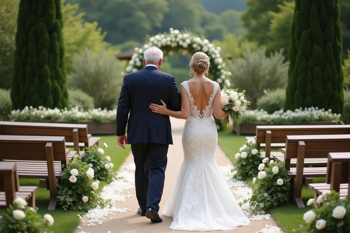 Mariage en plein air avec une mariée et son père marchant main dans la main